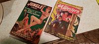 Two pulp magazines on a table: Jungle Stories and 44 Western, both 1940s vintage with colorful illustrated covers.