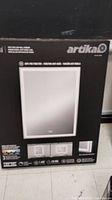 Box front showing Aurea brand anti-fog LED bathroom mirror with features and visuals.