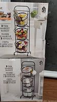Photo showing 3 tier market basket stand filled with fruits and vegetables, illustrating product use in kitchen storage and organization.