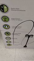 Box showing dusk to dawn sensor, 96 inch height, 3 LED bulbs included, weather resistant rating, 2400 lumens, 5 year warranty.