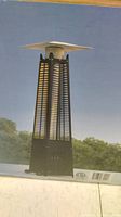 Box front showing photo of black pyramid patio heater with white top reflector