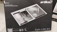 Front of box showing Artikal logo and rendered image of the Sydney double bowl sink with accessories