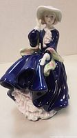 Porcelain figurine showing the front and side views of a woman in blue dress and white hat.