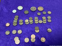 Full view of the coin collection laid out on purple cloth showing all coins arranged in rows with varying sizes and colors including copper pennies and silver coins.