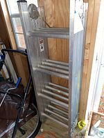 Front view of aluminum extension ladder showing rungs inside shed storage.