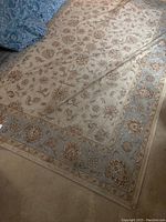 Full view of the rug showing cream background with intricate floral patterns and a light blue border with floral medallions.