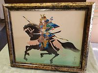 Full front view of framed painting showing samurai on horseback