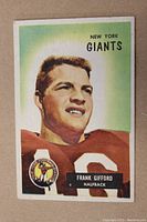Front of 1955 Topps football card showing Frank Gifford in New York Giants uniform with team and player name.