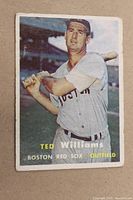 Full front view of card showing Ted Williams batting in Boston Red Sox uniform with stadium background