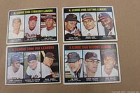 Four 1967 Topps League Leaders cards arranged: NL Strikeout Leaders, NL Batting Leaders, AL RBI Leaders, AL Pitching Leaders
