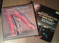 Photo of the two classical music albums, the 3-LP box set by Aaron Copland and the single LP of Tchaikovsky's 1812 Overture and Ravel's Bolero.