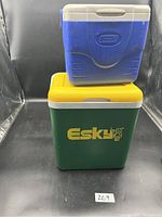 Photo showing stacked Coleman's blue cooler on top of Esky's green cooler with yellow lid, highlighting overall condition and brand logos.
