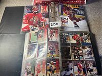 Binder closed with some hockey magazines on top, partially showing Beckett hockey magazine.