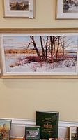 Front view of framed winter landscape art hung on wall