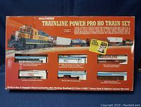 Front of original Walthers Trainline Power Pro HO Train Set box showing photo of locomotive and cars, features and parts listed.