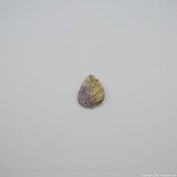 Front view of the 5 carat leaf-shaped carved ametrine gemstone showing orange-yellow and purple color transition, polished surface and detailed leaf vein carvings.