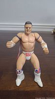 Front view of WWE The British Bulldog action figure showing facial details, trunks with 'BULL DOG' text, boots with Union Jack design, and arm tassels.