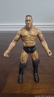Front view of WWE The Rock action figure showing muscular physique and black trunks with logo
