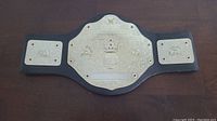 Full view of WWE World Heavyweight Champion Belt laid flat, showing main plate and side plates on black leather strap.