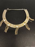 Full view of custom jewelry necklace with mesh design, leaf shaped embellishments, and chain tassels.