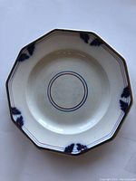 Top-down photo showing full octagonal ceramic plate with blue leaf decorations and dual colored concentric circles