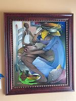 Full view of framed surreal figurative painting showing two elongated figures, mask and vessels