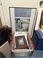 Overall setup showing large frame behind plastic bin and more smaller frames inside bin.