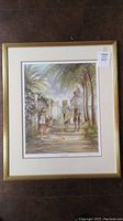 Full view of the framed print showing three children walking on a wooden pier toward the beach through palm trees.