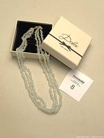Triple strand aquamarine chip bead necklace displayed in a Dolce Jewelry box with lid beside it and MaxSold bidding card.