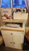Photo of the white wooden knitting cabinet with drawer and storage, top holds box of knitting magazines and pile of knitting books.