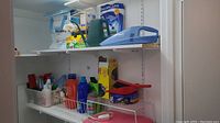 Shelf with assorted cleaning liquids, green watering can, cordless Shark vacuum, and cooking and household items