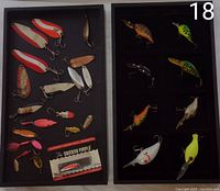 Two display trays showing multiple fishing lures and one in original packaging 'The Swedish Ripple'