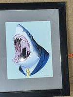 Framed print of a Great White Shark in a suit and tie, showing the full artwork and frame.