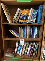 Wooden bookshelf with multiple shelves holding travel guides on European countries, books on Canadian travel, and some self-help books, plus some DVDs.
