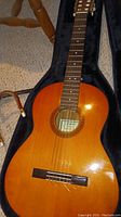 Full view of Eterna EC-12 acoustic guitar placed inside a guitar case showing the natural wood finish and nylon strings.