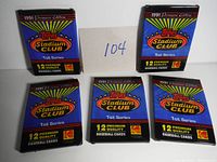 Photo showing five unopened packs of 1991 Topps Stadium Club Premier Edition baseball cards arranged in a group, all front facing and sealed.