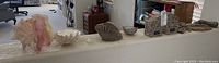 Wide angle photo showing the entire lot on a wall ledge: shells, rocks, minerals, fossil, bookends.