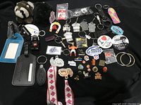 Full layout of key chain collection showing assortment of different materials and designs, including plush, metal, plastic, and fabric key chains.