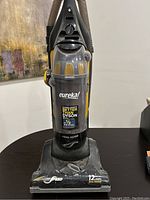 Front view of the Eureka vacuum cleaner showing the dust canister and branding.