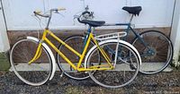 Two vintage bicycles seen side by side against a light backdrop. The yellow bicycle has a step-through frame and white fenders; the blue bicycle has a traditional diamond frame.