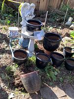 Outdoor photo showing white resin angel statue, black glazed pots, bird bath pedestal, and some terra-cotta and ceramic pots on dirt ground with grass and weeds around