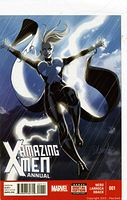 Front cover of Amazing X-Men Annual #1 comic book, featuring a female character flying in black outfit with white hair, barcode and Marvel logo.