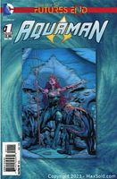 Front cover of Aquaman #1 Futures End comic book showing holographic artwork of Aquaman and underwater scene.