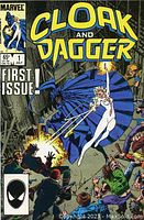 Front cover photo of Cloak and Dagger #1 comic book showing characters Cloak and Dagger battling armed men, Marvel logo, 65 cents price, dated July.
