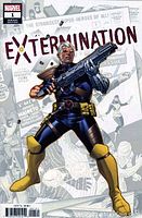Front cover image of Extermination #1 comic variant cover showing the main character holding a large firearm with the comic title and Marvel logos.