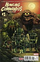 Colorful front cover of Howling Commandos of S.H.I.E.L.D. Marvel comic book issue #1 showing monstrous and human characters in S.H.I.E.L.D. uniform under a full moon.