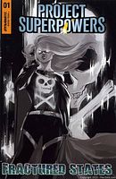 Cover photo of Project Super Powers #1 comic showing female superhero with skull background and title 'Fractured States'.