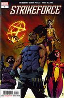 Photo of the Strikeforce #1 comic book cover showing four characters and Marvel branding