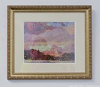 Framed art print titled 'First Snow' showing impressionist winter landscape, with gold ornamental frame and cream matting.