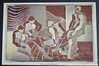 Full view of the larger framed abstract art print depicting five men entitled 'The Gathering'